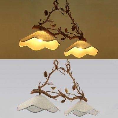 Rustic Style Flower Pendant Light 2 Lights Metal Fabric Island Light with Bird Decoration for Balcony