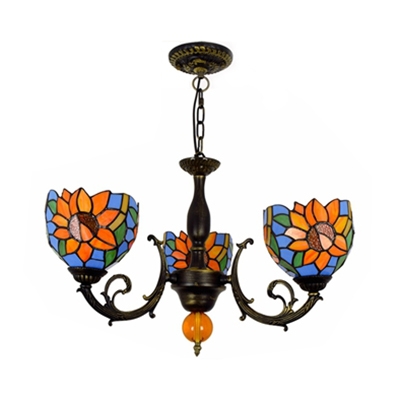 Rustic Style Hanging Light with Flower 3 Heads Stained Glass Chandelier for Dining Room