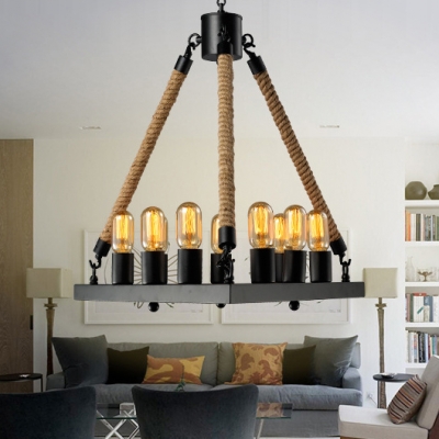 Rustic Style Triangle Chandelier 9 Lights with/without Shade Metal Pendant Light in Black for Dining Room