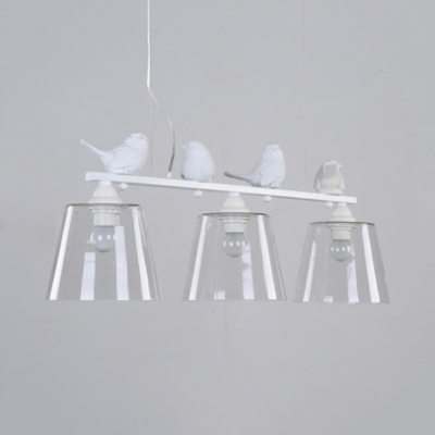 Rustic Trapezoid Island Lamp with Bird 3 Lights Clear Glass Ceiling Light in White for Kitchen