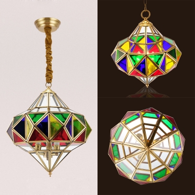 Stained Glass Candle Pendant Light with Shade Restaurant 3 Lights Colonial Style Chandelier
