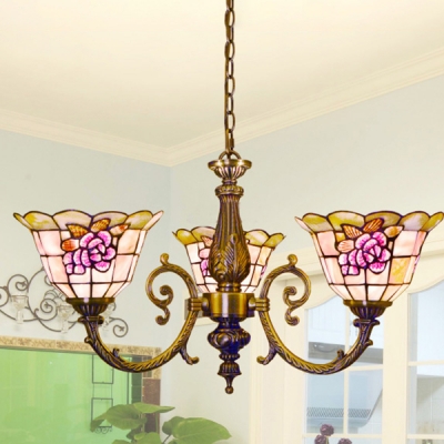 Stained Glass Flower Chandelier Bedroom 3 Lights Tiffany Style Antique Engraved Hanging Lamp