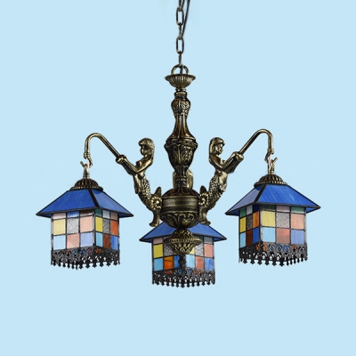 Stained Glass House Chandelier with Mermaid 3 Lights Tiffany Style Vintage Pendant Light for Balcony