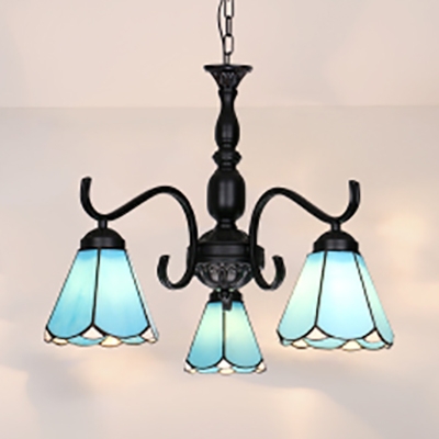 Study Room Balcony Cone Chandelier Glass Metal 3 Lights Tiffany Style Blue/White Hanging Light