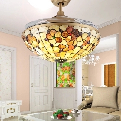 Tiffany Frequency Conversion LED Ceiling Fan Lattice Dome 36/42 Inch Glass Semi Flush Ceiling Light for Dining Room
