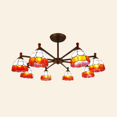Tiffany Style Dome Ceiling Light 8 Lights Glass Chandelier in Blue/Orange/Yellow for Living Room