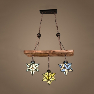 Tiffany Style Rustic Star Chandelier Stained Glass Wood 2/3 Lights Pendant Light for Hallway