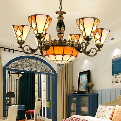 Tiffany Style Rustic Yellow Chandelier Cone Dome 9 Lights Art Glass Suspension Light for Villa