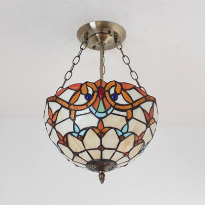 Tiffany Style Victorian Chandelier Bowl Shade Stained Glass Hanging Lamp for Dining Room