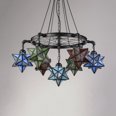 Tiffany Style Vintage Chandelier Star Shade 7 Lights Stained Glass Pendant Light with Wheel for Bar