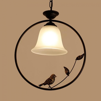 Traditional Bell Pendant Light Frosted Glass 1/2 Lights Ceiling Light with Bird Decoration for Kitchen