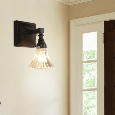 Traditional Bell Shade Wall Sconce One Light Fluted Glass Wall Light in Black for Hallway Stair