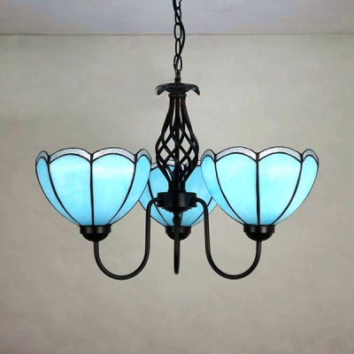 Traditional Dome Ceiling Lamp Glass 3 Lights Blue Chandelier Light for Restaurant Hallway