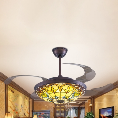 Victorian Dome LED Ceiling Fan with Invisible Blade Stained Glass Remote Control Semi Flushmount Light for Living Room