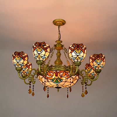 Victorian Style Dome Chandelier Stained Glass 9 Lights Pendant Light for Living Room Villa