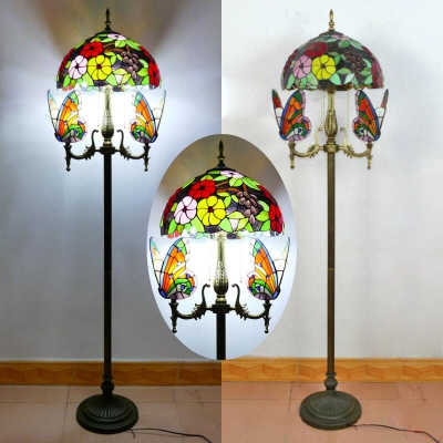 Vintage Multi-Color Floor Lamp Dome Shade 5 Lights Glass Standing Light with Butterfly for Bedroom