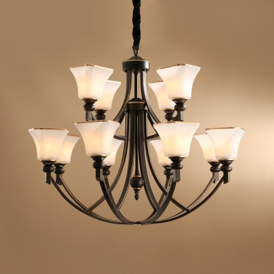 White Bell Shade Chandelier Light 12 Lights American Rustic Metal Hanging Light for Villa Hotel