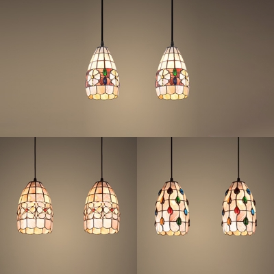 2 Lights Grid Shade Hanging Light Tiffany Rustic Shell Pendant Light in Beige for Living Room