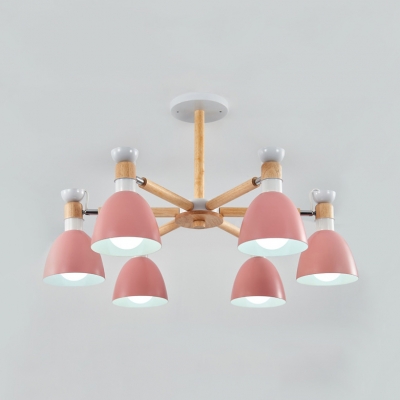 3/6/8 Lights Dome Pendant Light Macaron Loft Wood Chandelier in Gray/Green/Pink for Living Room