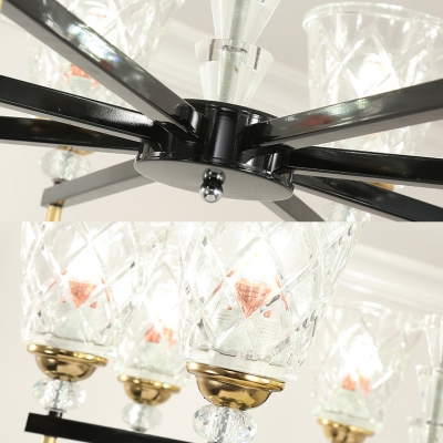 3/6 Lights Conical Chandelier Simple Style Lattice Glass Pendant Light in Black for Foyer