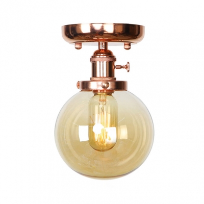 Edison Bulb Hallway Flush Mount Light Amber Glass 1 Light Retro Loft Ceiling Fixture in Brass