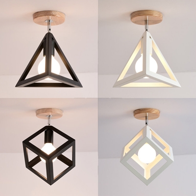 Industrial Cube/Pyramid Semi Flush Ceiling Light 1 Head Metal Ceiling Light in Black/White for Hallway
