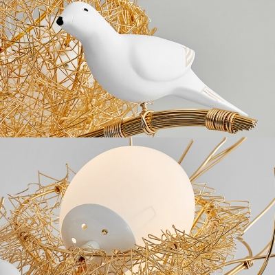 Rustic Style Gold Chandelier Egg 3 Lights Glass Resin Pendant Lamp with Bird&Nest for Dining Room