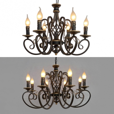 Antique Flameless Candle Chandelier Metal 6/8 Lights Black Suspension Light for Living Room