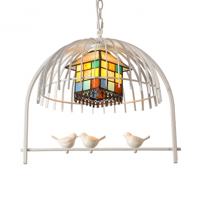 Balcony House Shade Chandelier with Bird & Cage Stained Glass 1 Head Rustic Pendant Light