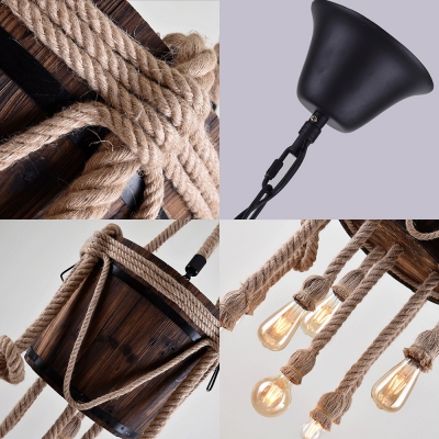 Bare Bulb Cloth Shop Chandelier Wood 6 Heads Rustic Style Ceiling Pendant with Bucket in Brown
