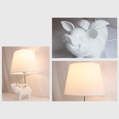 Black/White Tapered Desk Light 1 Light Modern Fabric Reading Light with Pig Decoration for Study Room