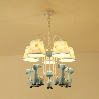 Blue/Pink Tapered Shade Chandelier with Cartoon Giraffe 5 Lights Cute Metal Hanging Light for Bedroom