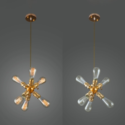 Brass Starburst Shaped Pendant Light 6 Lights Metal Chandelier Light for Dining Room