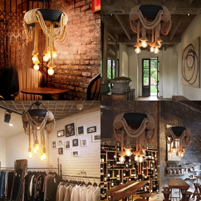 Creative Beige Hanging Light Orb Bulb 6 Lights Rope Chandelier with Wagon Wheel for Cafe