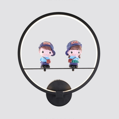 Cute Circle Wall Sconce with Toy Decoration Metal Black Wall Light in Third Gear for Boy Girl Bedroom