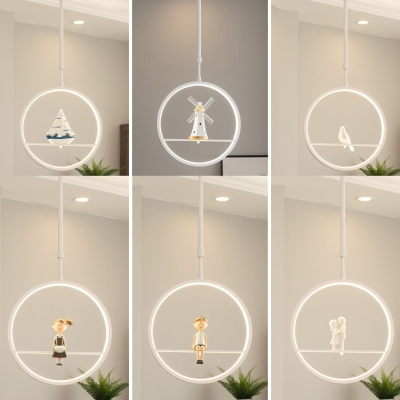 Dining Room Ring Suspension Light with Cartoon Pattern Metal Modern White Pendant Light