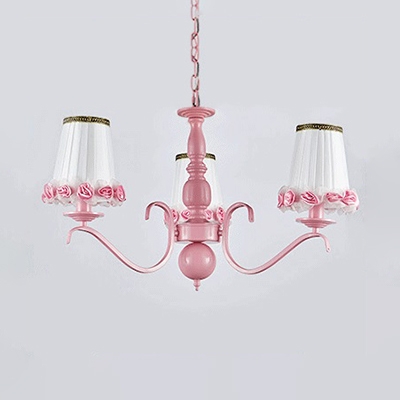 Fabric Tapered Shade Chandelier Bedroom Hotel 3/5/6 Lights Rustic Style Suspension Light in Pink