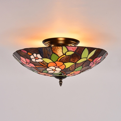 Floral Theme Living Room Ceiling Fixture Stained Glass 3 Lights Vintage Semi Flush Ceiling Light