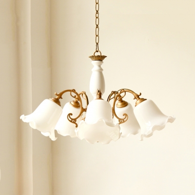 Flower Shade Hanging Light 5 Lights Rustic Style Frosted Glass Chandelier Light for Dining Room