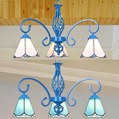 Glass Cone Hanging Light 3 Lights Tiffany Style Chandelier Light in Blue/White for Hallway