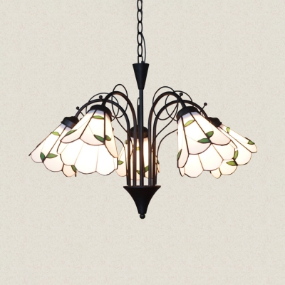 Glass Conical Ceiling Light with Leaf 5 Lights Rustic Chandelier in White for Bedroom Balcony