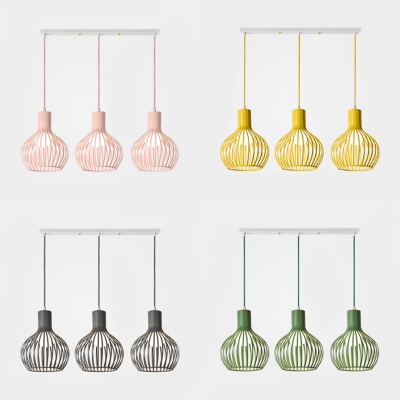 Globe Cage Restaurant Island Pendant Metal 3 Lights Nordic Style Hanging Lamp in Green/Grey/Yellow