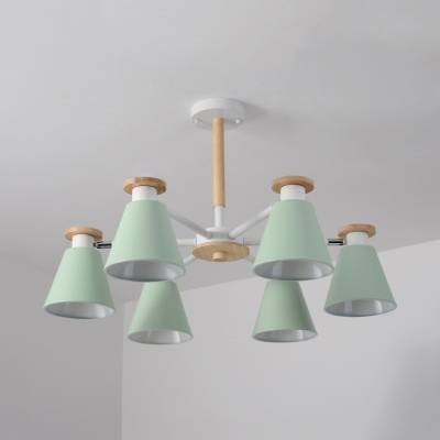 Gray/Green/Yellow Cone Chandelier Rotatable 6 Lights Macaron Loft Metal Ceiling Pendant for Child Bedroom