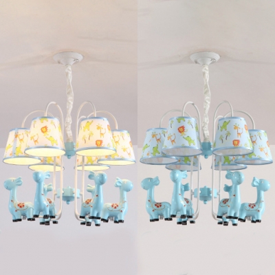Lovely Blue/Pink Chandelier Tapered Shade 6 Lights Metal Pendant Light with Giraffe for Kid Bedroom