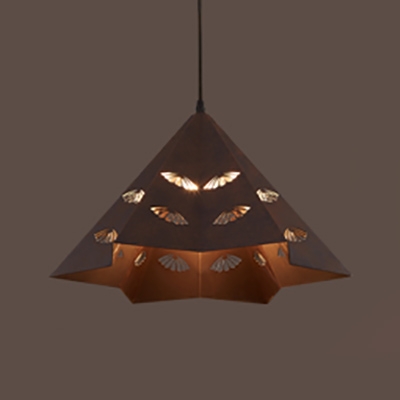 Restaurant Cone Pendant Light with Leaf Shape Hollow Metal 1 Light Antique Rust Hanging Light