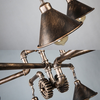 Industrial Cone Shade Chandelier with Pipe & Gear 6 Lights Metal Pendant Light in Brass for Cafe