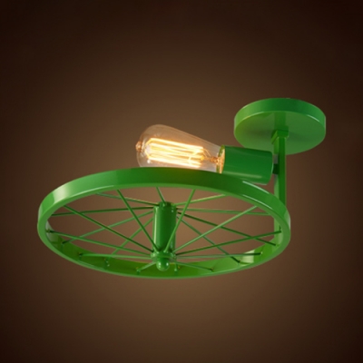 Green/Pink/Yellow Wheel Ceiling Lamp 1 Light Industrial Metal Semi Ceiling Mount Light for Restaurant