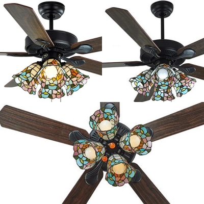 Hotel Bell LED Semi Flushmount Light Wood 5 Blade 4 Heads Tiffany Brown Ceiling Fan with Pull Chain