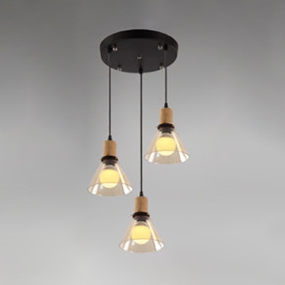 Industrial Cone Pendant Light Clear Glass 3 Lights Linear/Round Canopy Hanging Light for Kitchen