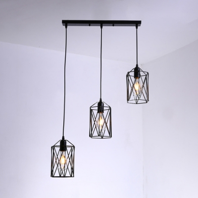 Industrial Cylinder Cage Hanging Lamp 3 Lights Metal Suspension Light in Black for Kitchen Bar